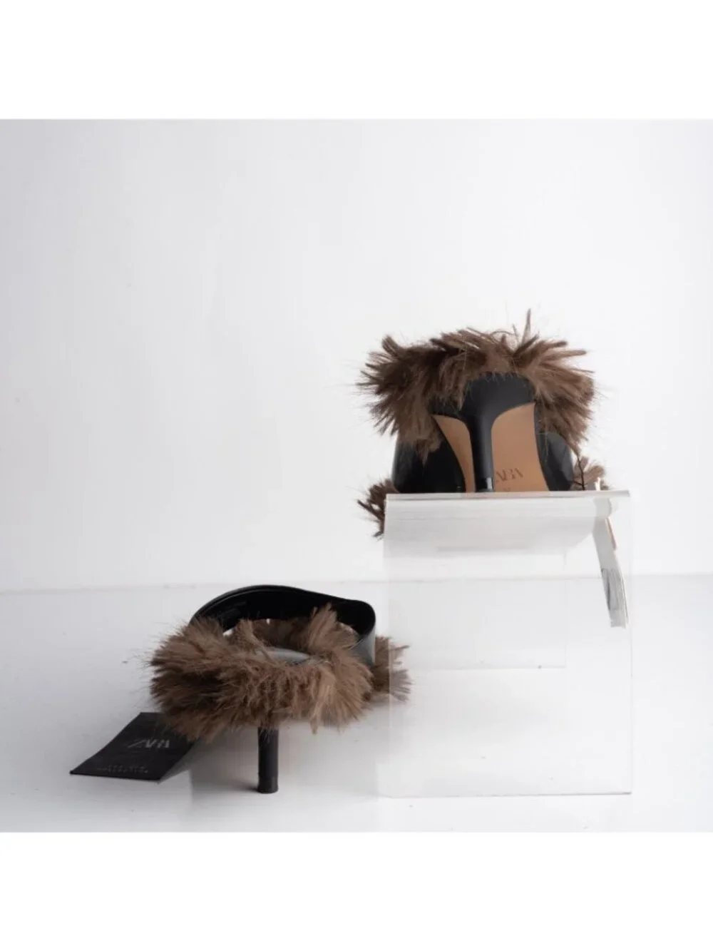 Zara Womens Leather Faux Fur sandals Thong Mule Heels Brown US 6.5 EU 37 NWD - Picture 6 of 8